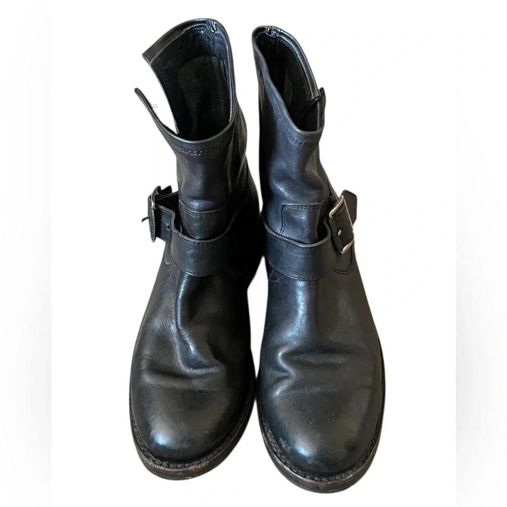 Frye Natalie short engineer black leather ankle boots with silver hardware